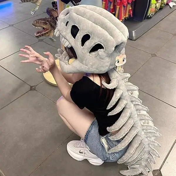 Soft Plush Fabric Dinosaur Skeleton Costume - Realistic Skull & Spine Design, Wearable Clothes with Headgear, Party Props for Halloween Role Play, Camping Essentials Accessories