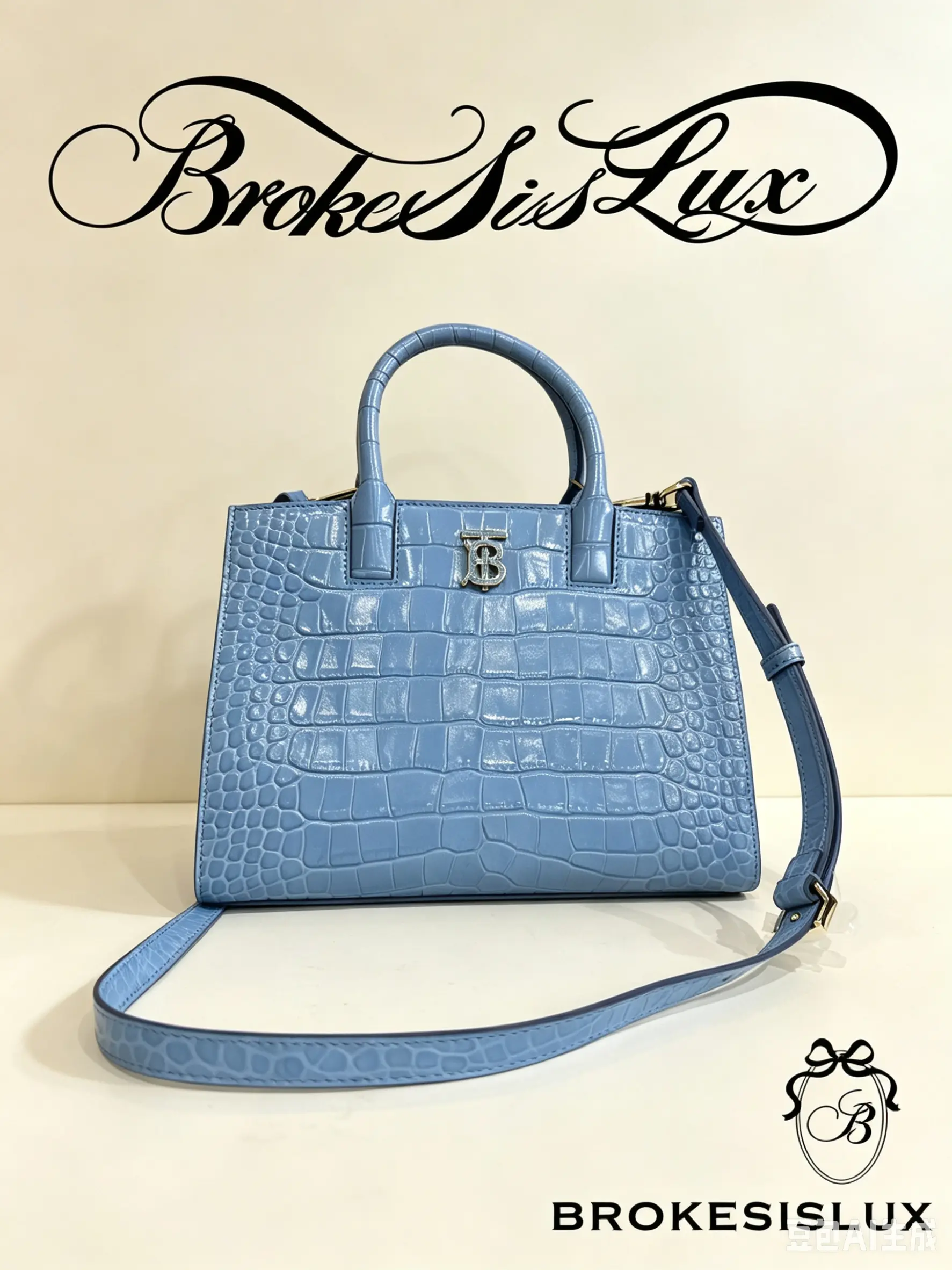 Pre-owned BURBERRY Pale Blue Croc Embossed Mini TB Tote | Detachable Crossbody Strap, Luxury Daily Handbag