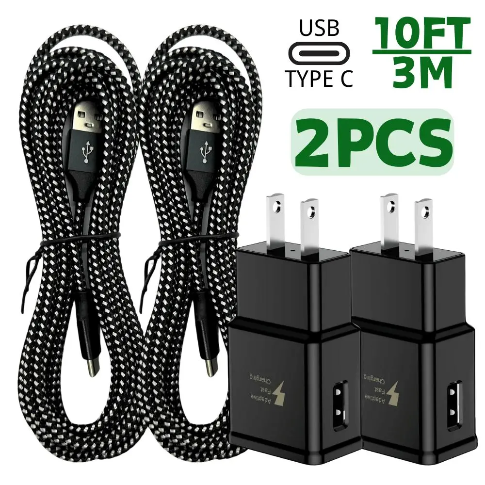 2PCS Mobile Phone Wall Chargers with 10FT Aluminium Type-C Cord, Super Fast Charging & Sync for Samsung Android Smartphones, Cellphones