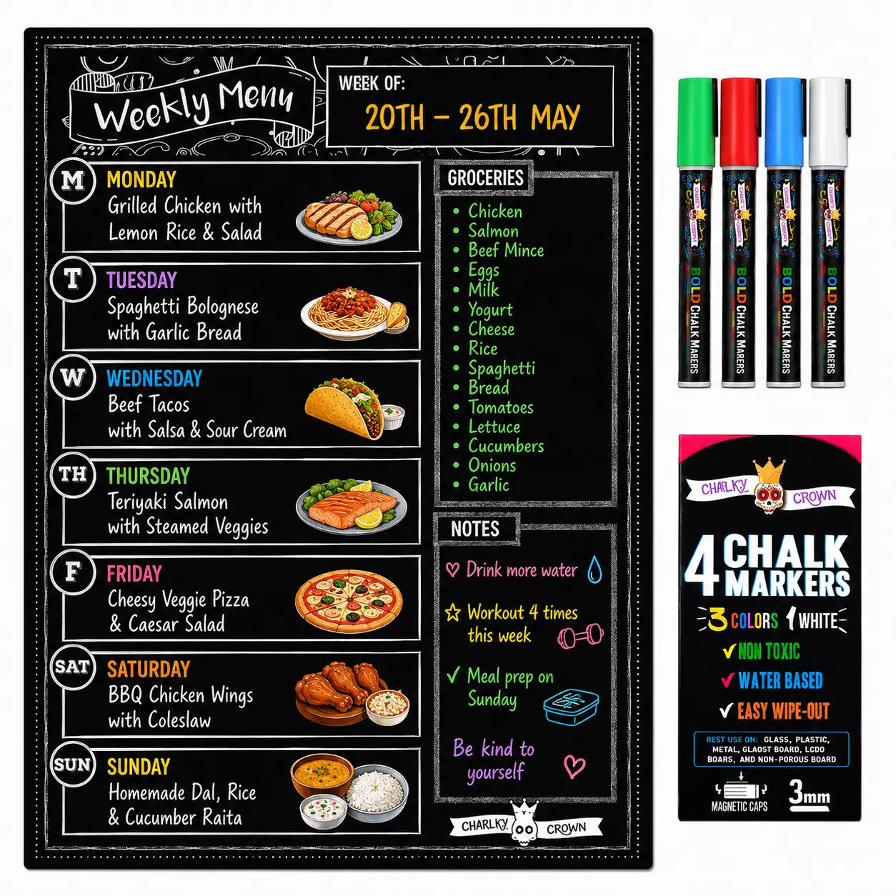 Magnetic Weekly Meal Planner for Fridge | Reusable Dry Erase Menu Board with 4 Chalk Markers, Grocery List & Kitchen Notepad Organizer, 15.6 x 11.6 in