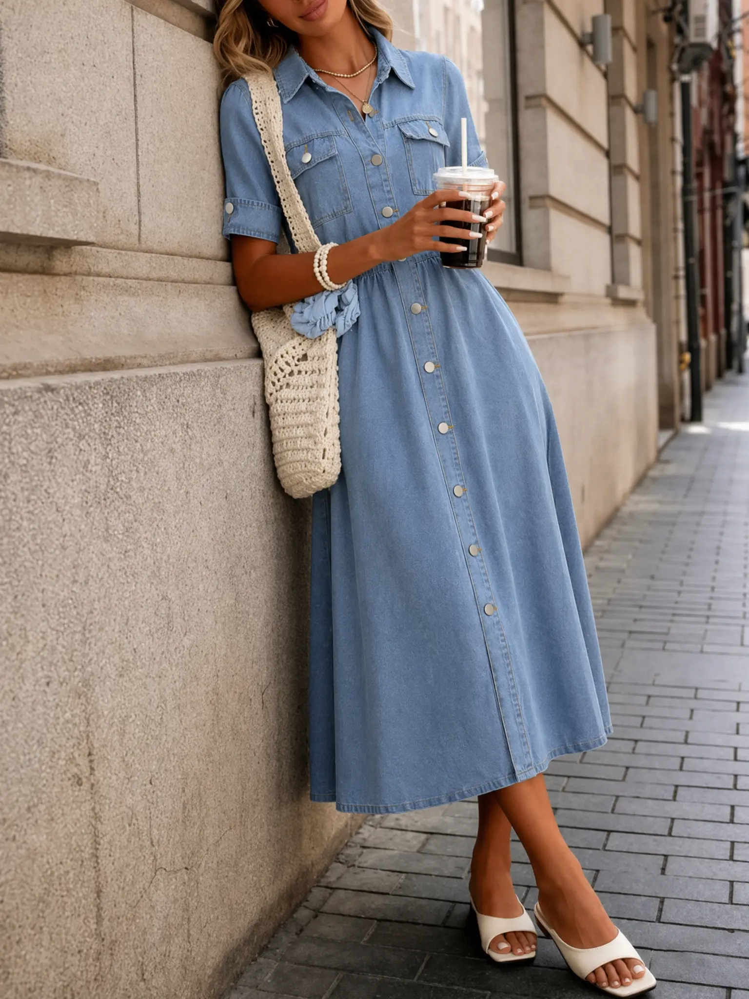 Women's Fashion Denim Midi Dress with Collar and Buttons