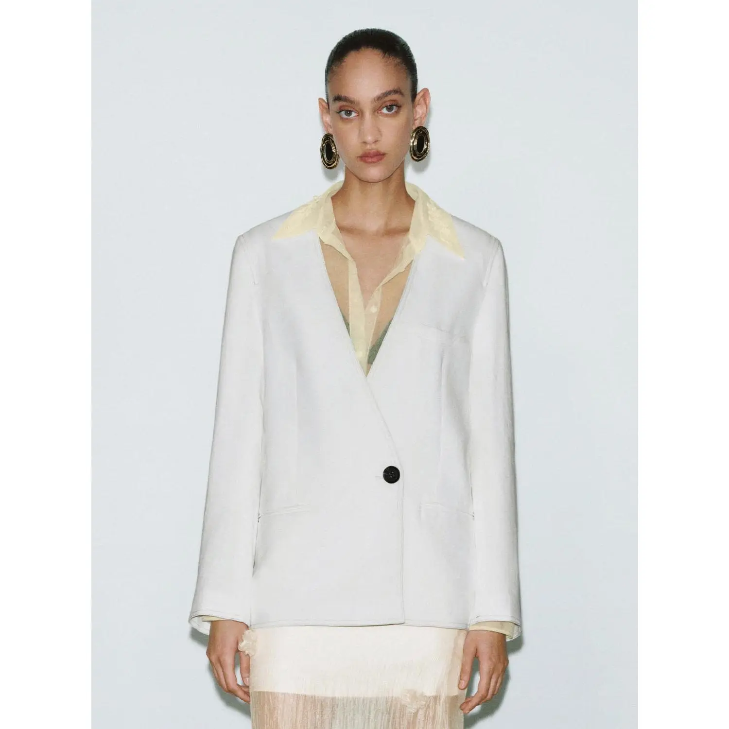 URBAN REVIVO Women's Linen Blend Blazer, Fitted Long-Sleeve Jacket with Slight Stretch, Elegant Ready to Wear Style, Xl, Daily Wear, Do Not Bleach, Quiet Luxury, Fabric, Cotton