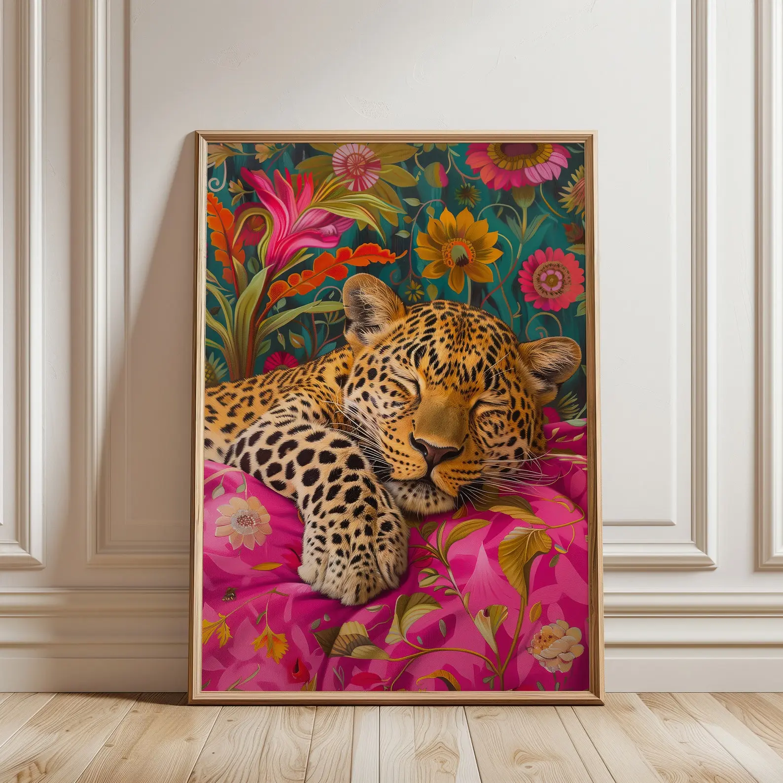 Printable Wall Art, Sleeping Leopard Maximalist Oil Painting, Bold Pink Dopamine Bedroom Poster, Kitsch Wild Animal Eclectic Floral Print Frameless