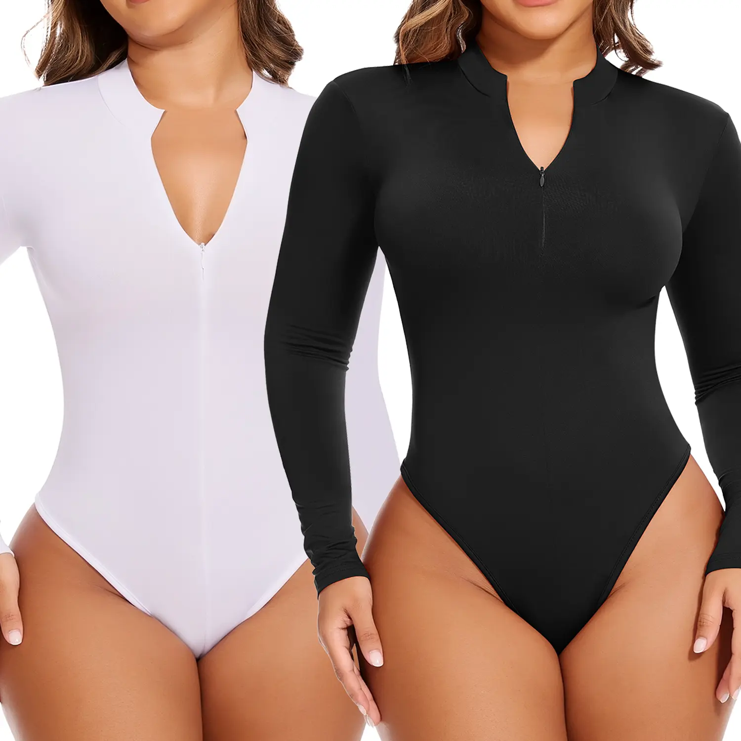 Women's Long Sleeve Mock Turtle Neck Fleece Lined Thermal Bodysuit - Minimalist, Adjustable, Stretchy, Comfortable Fabric, Zip-Up, Tummy Control Top for Womenswear