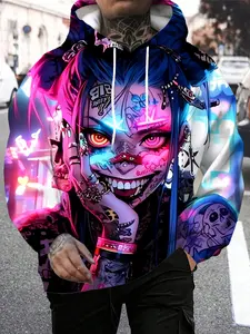 Men's Casual Sports Fashion Trend Fitness Outdoor Home Hooded Sweater, Cyberpunk Comic Style Character Pattern 3D Printing, Regular Version, Elastic, With Drawstring Pocket, Knitted Fabric, Versatile Style, Spring Autumn Winter Men's Hooded Sweater