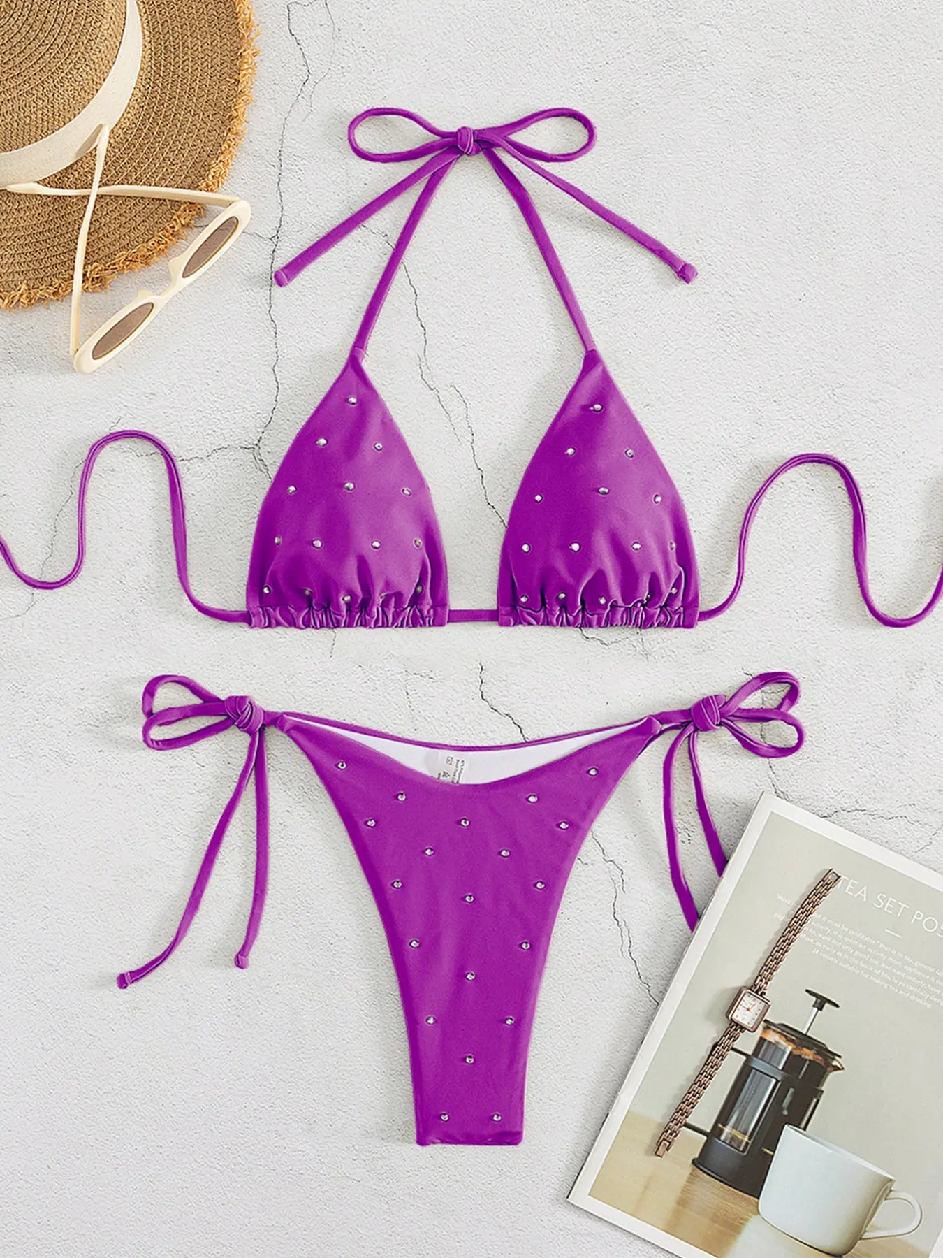 2026 New Women's Fashion Sexy Beach Vacation Party Rhinestone Solid Bikini Two-Piece Set, Trendy and Stylish Swimsuit, Bathing Suit, Summer Swimsuit Set