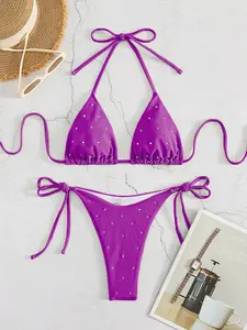 2026 New Women's Fashion Sexy Beach Vacation Party Rhinestone Solid Bikini Two-Piece Set, Trendy and Stylish Swimsuit, Bathing Suit