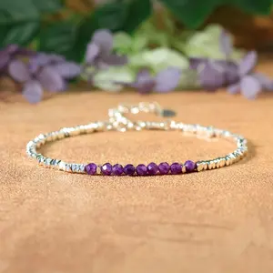 Natural Dainty Amethyst Silver Chip Beads Healing Charka Crystal Silver-Plated Chain Minimalist Bracelet Gift for Women