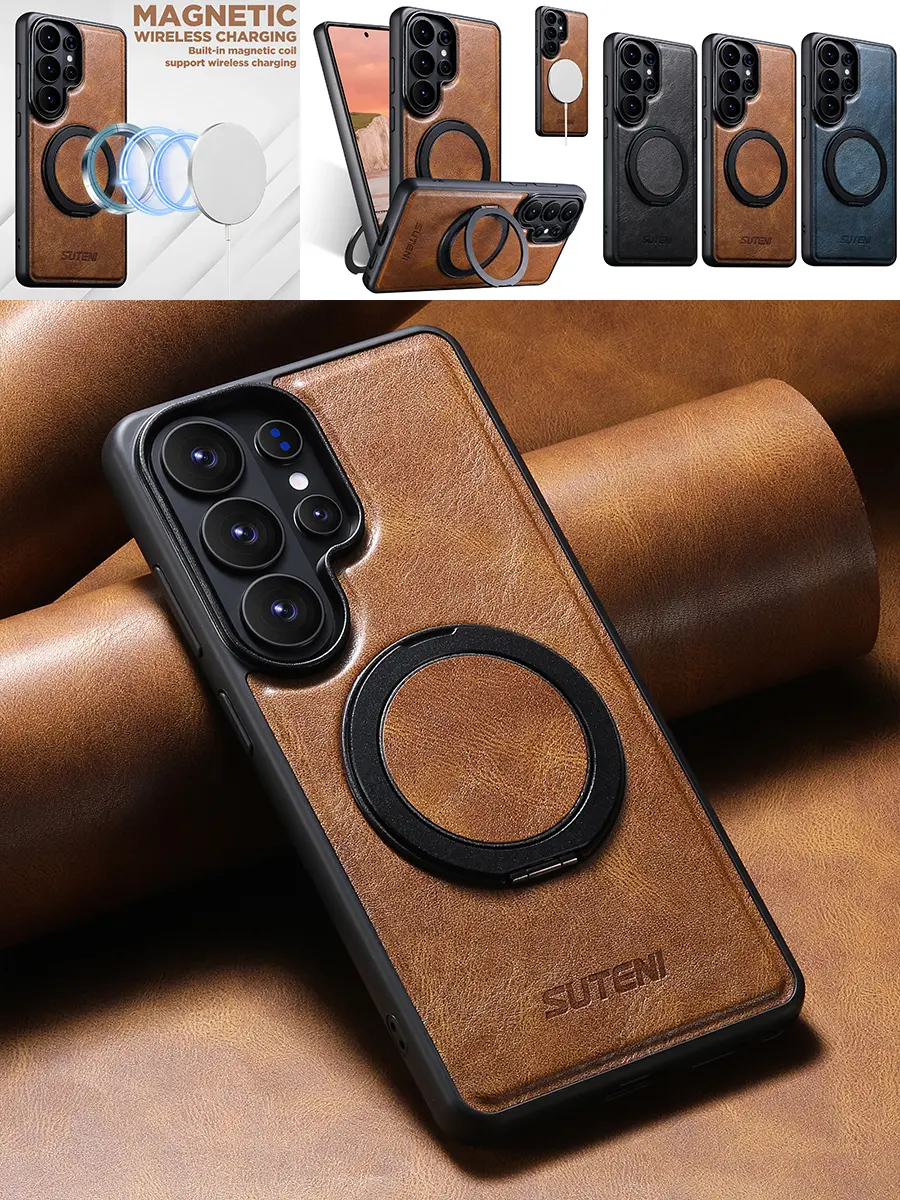 Premium Leather Brown Snap-On Magnetic MagSafe Wireless Shockproof Protective Smartphone Case for Samsung Galaxy S26 Ultra - Military Drop Protection, 360° Spin Swivel Kickstand, Invisible Colorful Stand, Foldable Landscape-Ready Accessories