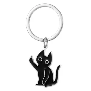Funny Middle Finger Black Cat Keychain, Cute Sassy Cartoon Cat Stainless Steel Charm, Edgy Cat Lover Bag Accessory for Pet Owners