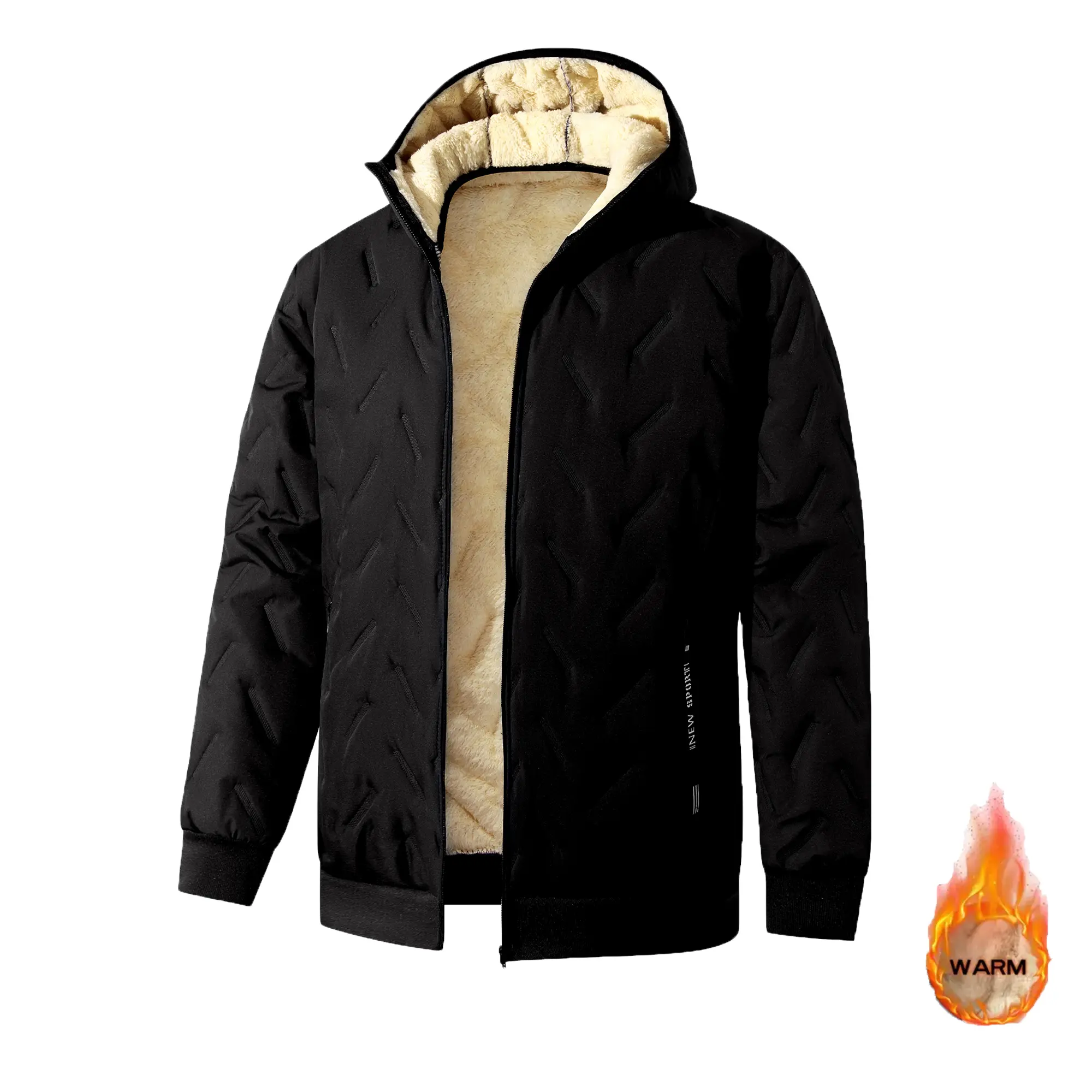 Men’s Winter Hooded Fleece Jacket – Thickened Cotton Fabric, Subtle Embossed Texture, Heat-Locked Bonding for Warmth, Windproof, Zipper Closure