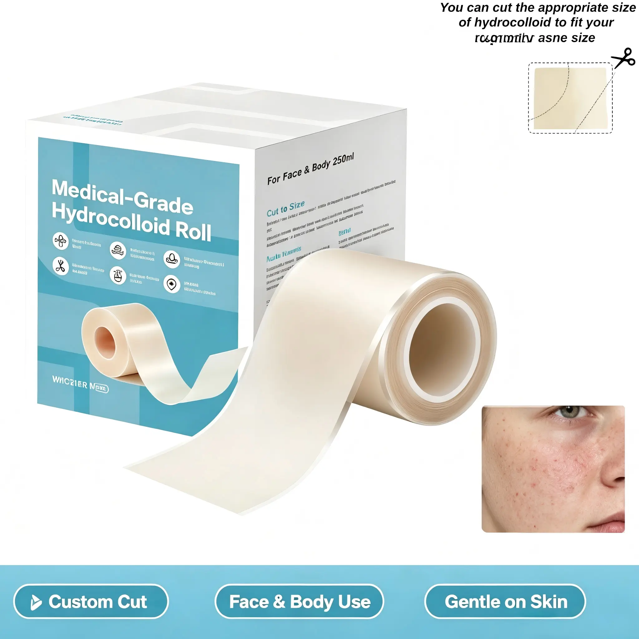 Hydrocolloid Acne Patch Roll, Self-Cut Waterproof Adhesive Bandage, Covers Acne, Pimples & Wounds to Promote Healing