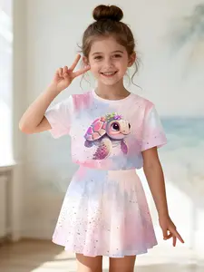 Girls' 3D Turtle Print Top and Skirt Set, Casual Slim-Fitting Summer, Round Neck Short Sleeve, Daily Wear