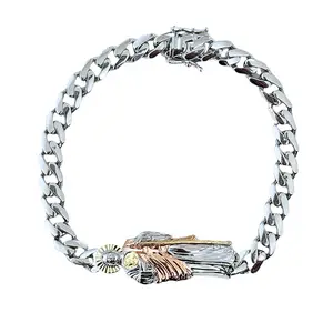 925 Silver San Judas Bracelet 7MM Figaro o Cuban Link Rhodium Plated Three tone or Green San Judas, 7.5¨ 8¨ 9¨ long sterling sliver
