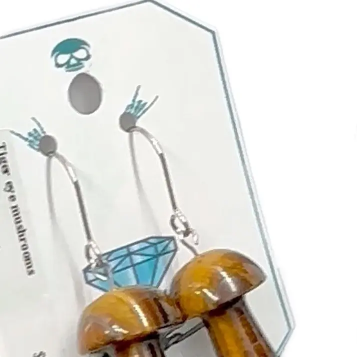 Gemz by Jewelz, Mushroom earrings, semi precious stone amethyst’s and tiger eye plus glass blown or metal.