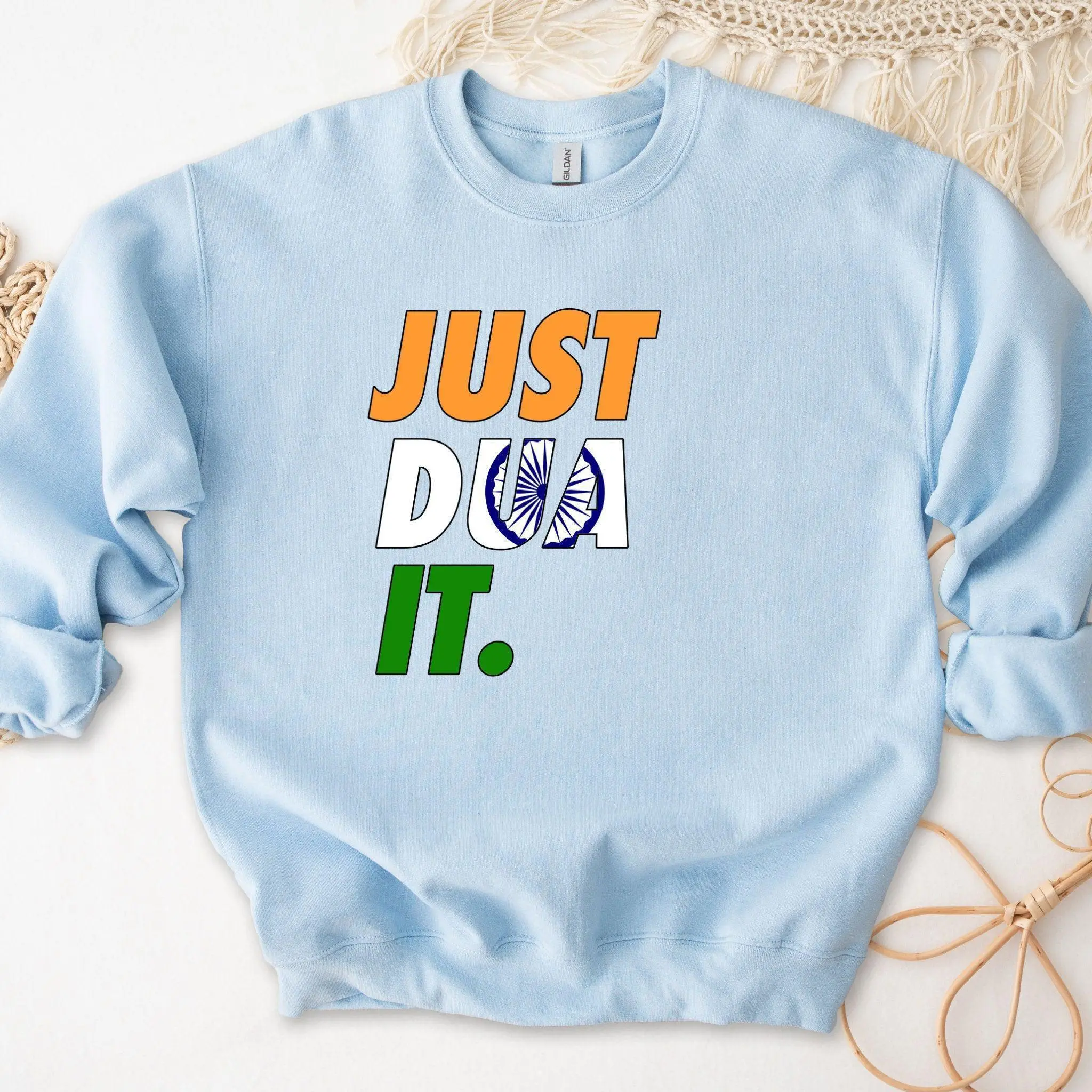 Just Dua It India Flag Sweatshirt by Humraha | Desi Arab Muslim Fashion Apparel Gifts for Ramadan Eid Nikkah Wedding Couples Families New Moms Aunts Uncles Grandparents | Pakistan India Bangladesh Palestine Lebanon Egypt Syria