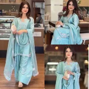 Luxury Designer Party, wedding and Eid wear Roman Glass Silk Top & Farshi Palazzo Set with Embroidered Organza Dupatta