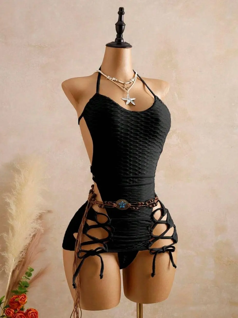 Bellisia Black Honeycomb Textured Swimsuit Set | Halter Backless One-Piece with Dual Side Lace-Up Skirt | Sexy Beach Club Bathing Suit