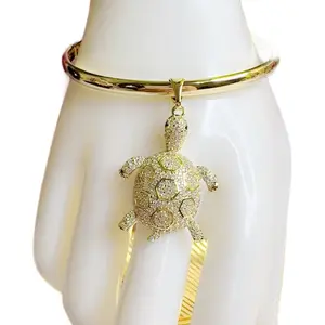 14K Gold Plated Bangle with Sparkling Turtle Pendant Elegant Jewelry Accessory