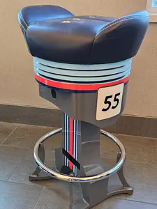 Industrial Bar Stool with Genuine Soft Blue Leather Seat & Blue Accent Stitch Chromed Foot Ring Swivel Seat 30" Tall 16" Diameter