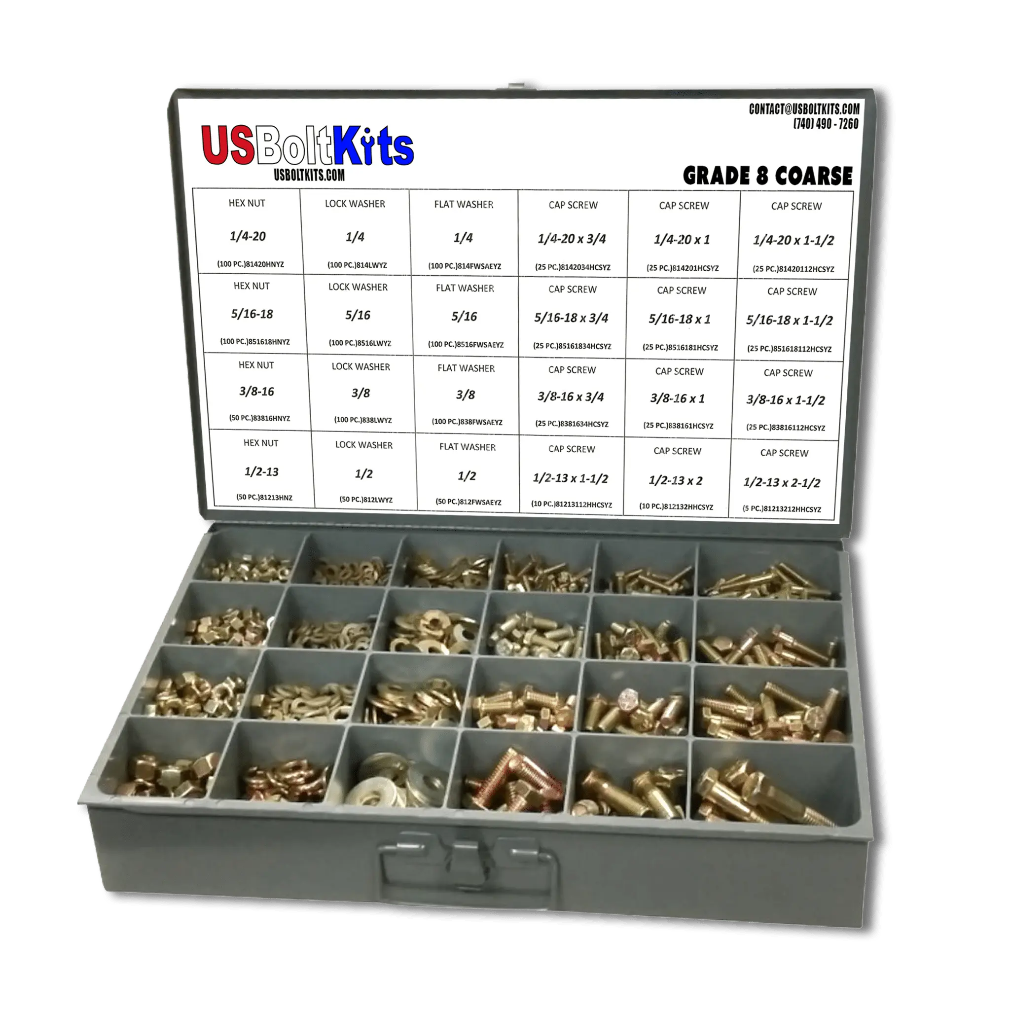 1250-Piece Grade 8 USS Coarse Thread Prime Powder Steel Fastener Assortment with Nuts, Powder Coat Finish, Durable Plastic Divider, Plastic Case (18×12×3 in) for Drawer & Tight Workspaces
