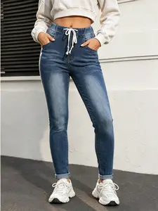 Women's Casual High-Waisted Elastic Waist Jean Joggers - Stretch Denim Fabric Pants with Drawstring, Flattering Fit