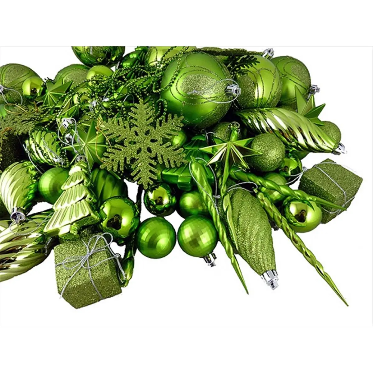212 MAIN 125-Piece Shatterproof Tropical Green Kiwi Christmas Ornament Pack, Star-Snowflake Festive Tree Decoration, Shiny Garland Accessory Gift for Holiday Home Decor, Set, Silver Cord, Glitter Finish