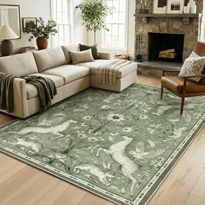 Dorval 6x9 Washable  Rug, Boho Woodland Nature Area Rug, Non Slip Low Pile Soft Green Carpet for Living Room Dining Room Bedroom Office  Cottagecore Decor