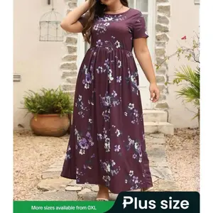 [ Plus Size]floral Print Pocket Round Neck Vintage Dress, Bohemian Summer Dresses 2025, Summer Clothes Women, Casual Plus Women's Short Sleeve Crew Neck Long Dress for Summer, Women Plus Clothing for Beach Holiday, Womenswear
