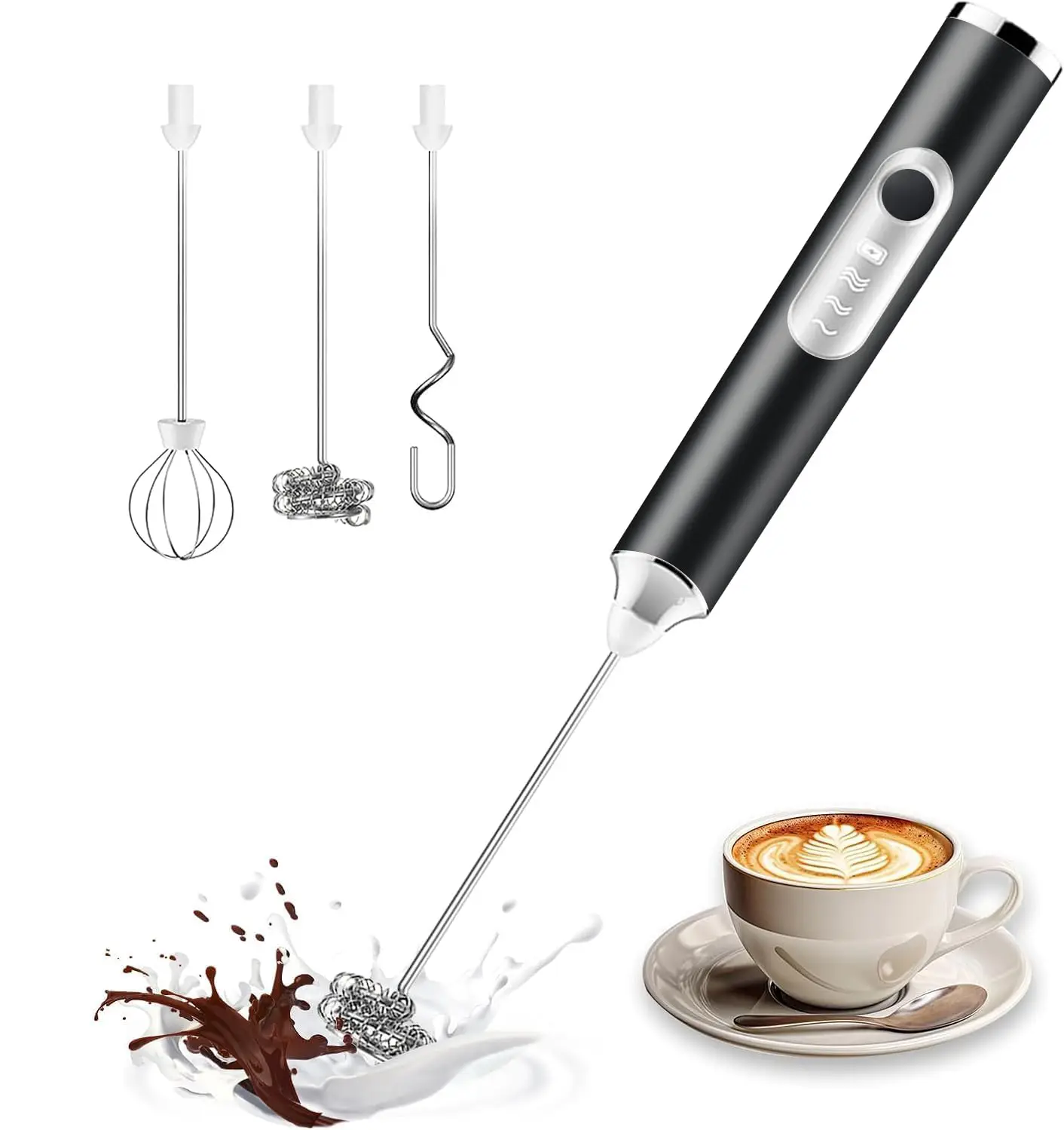 Handheld Milk Frother - 3-Speed Adjustable Rechargeable Electric Whisk, 3 Heads Mini Drink Mixer Stirrer with Stand for Coffee, Powder Drinks, Latte &