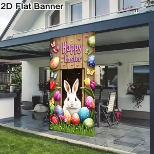 2D flat banner, 1pcHappy Easter Spring Decor White Rabbit Doorway Backdrop, Pastel Eggs Flowers Butterfly Party Banner for Easter Festive Decorgalentines party decor, valentine day decor, decorations for valentines day