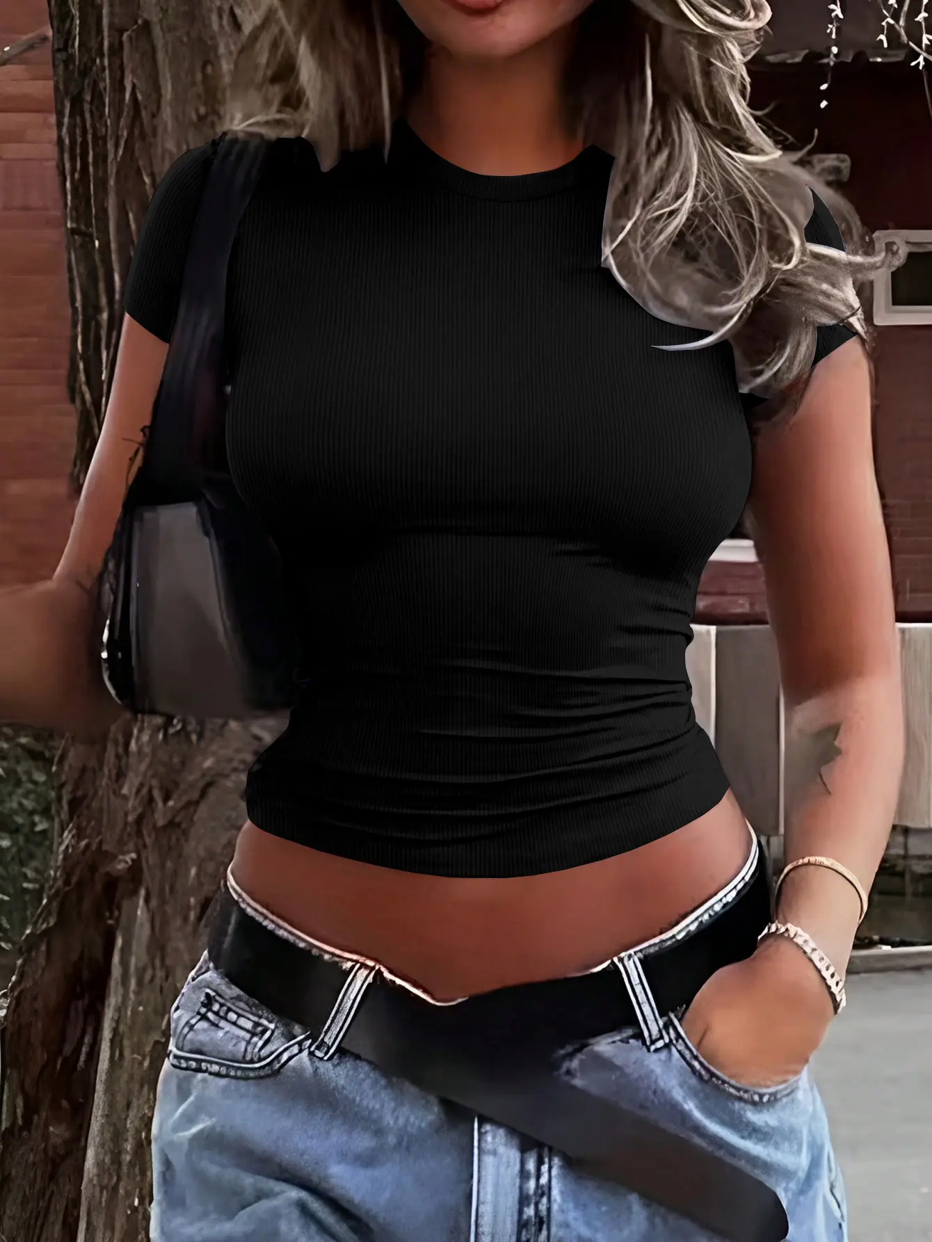 USBOUTIQUE CHIC Women‘s 2026 Spring Ribbed Short Sleeve Top Loose Fit Casual Shirt Blouse