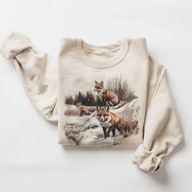 Vintage (Phuhi) Red Foxes Winter Scene Sweatshirt - 90s Fox Snowy Forest Wilderness Outfit - Boho  T-shirt