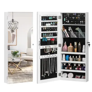 Karlhome Jewelry Cabinet Armoire, Lockable Wall-Mounted Organizer Unit with 2 Plastic Cosmetic Storage Trays, Full-Length Frameless Mirror, Christmas Gifts, White