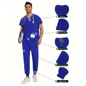 Stylish 2Pcs Scrubs Set for Men Nursing Pet Care Dental Work Uniforms Stretchy Jersey Fabric Contrast Stitching Modern Slim Fit