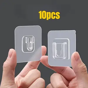 10 Modern Transparent Plastic Hooks with Interlocking Clips, Self Adhesive Hooks, Wall-Mounted Power Strip Holder, No-Drill Bathroom & Door Organizer