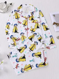 2-piece women's Caroline button bug dragonfly print long sleeve long pants top with small pocket button closure elastic waistband soft comfortable fit suitable for all seasons home leisure loungewear, Homewear, everyday wear Pajama Set Nightwear Pjs