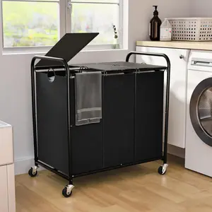 180L (47.55 Gal) Laundry Sorter 3 Section, Rolling Laundry Basket with Lockable Wheels and Lid, Laundry Hamper with 3 Separated Removable Bags Dirty Clothes Hamper f