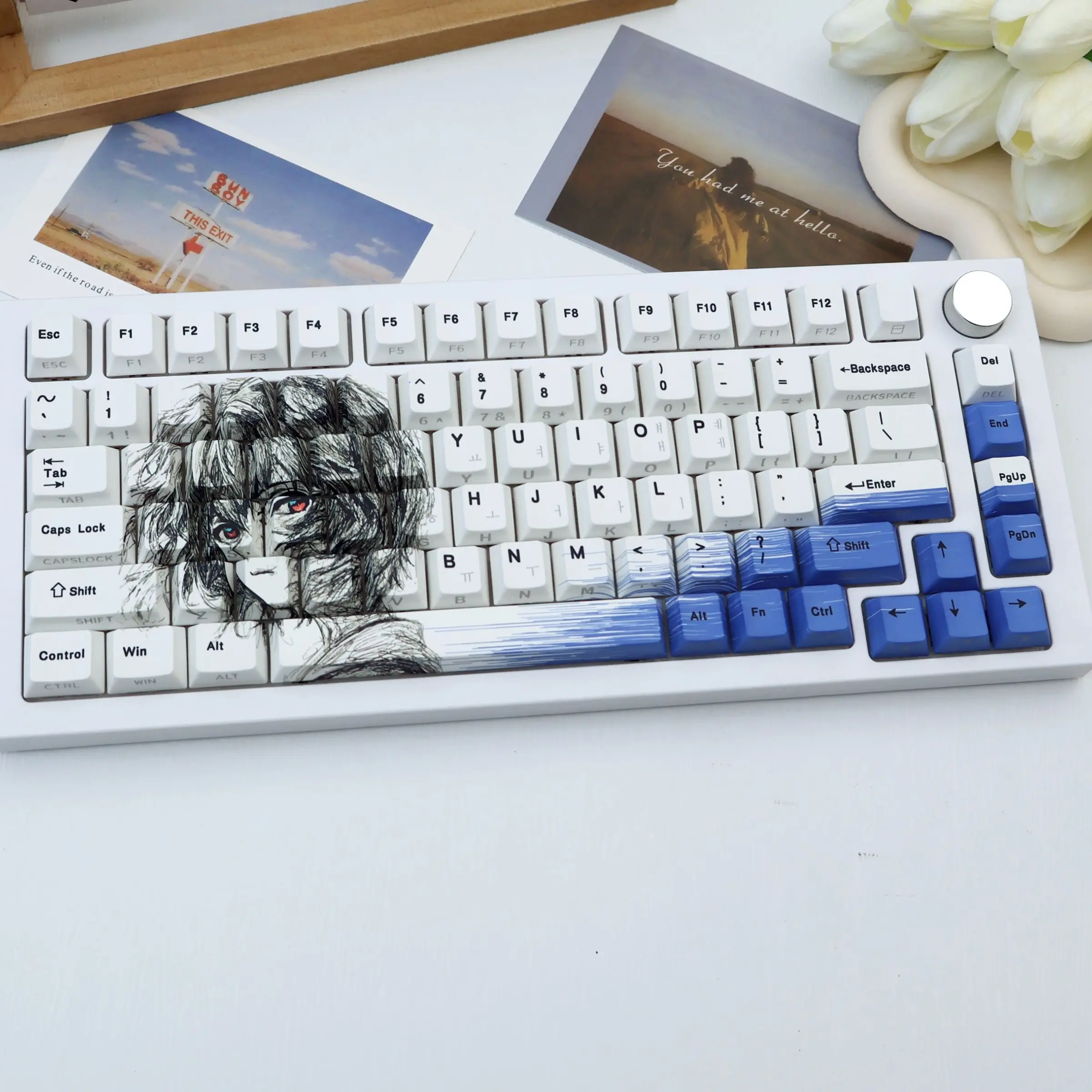 138 Key Line Art Girl Pbt Side Printed Keycaps For Mechanical Keyboard, Korean Font, Cherry Style, Semi-Transparent, Dye Sublimation, Compatible with Mx Axes, Keyboard Models 61/64/68/87/96/104/108, Keycap Set