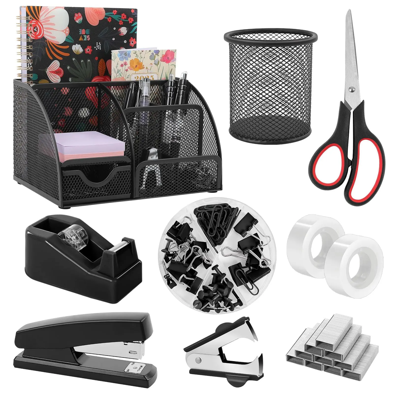 SKYDUE Office Supplies Set, Office Desk Accessories, Mesh Desk Organizer, Stapler, Tape Dispenser, Scissors, Binder/Paper Clips and 1000pcs Staples, Office Supplies for Teacher, Gifts,  Office Girly Desk Accessories