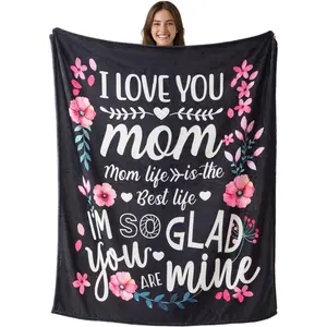Anniversary Birthday Gift for Mom from Daughter Son, Mother Birthday Gifts, Mom Blanket, Gift Blanket, Super Soft Flannel Black Throw Blankets for Bed Couch (50 x 60 in)