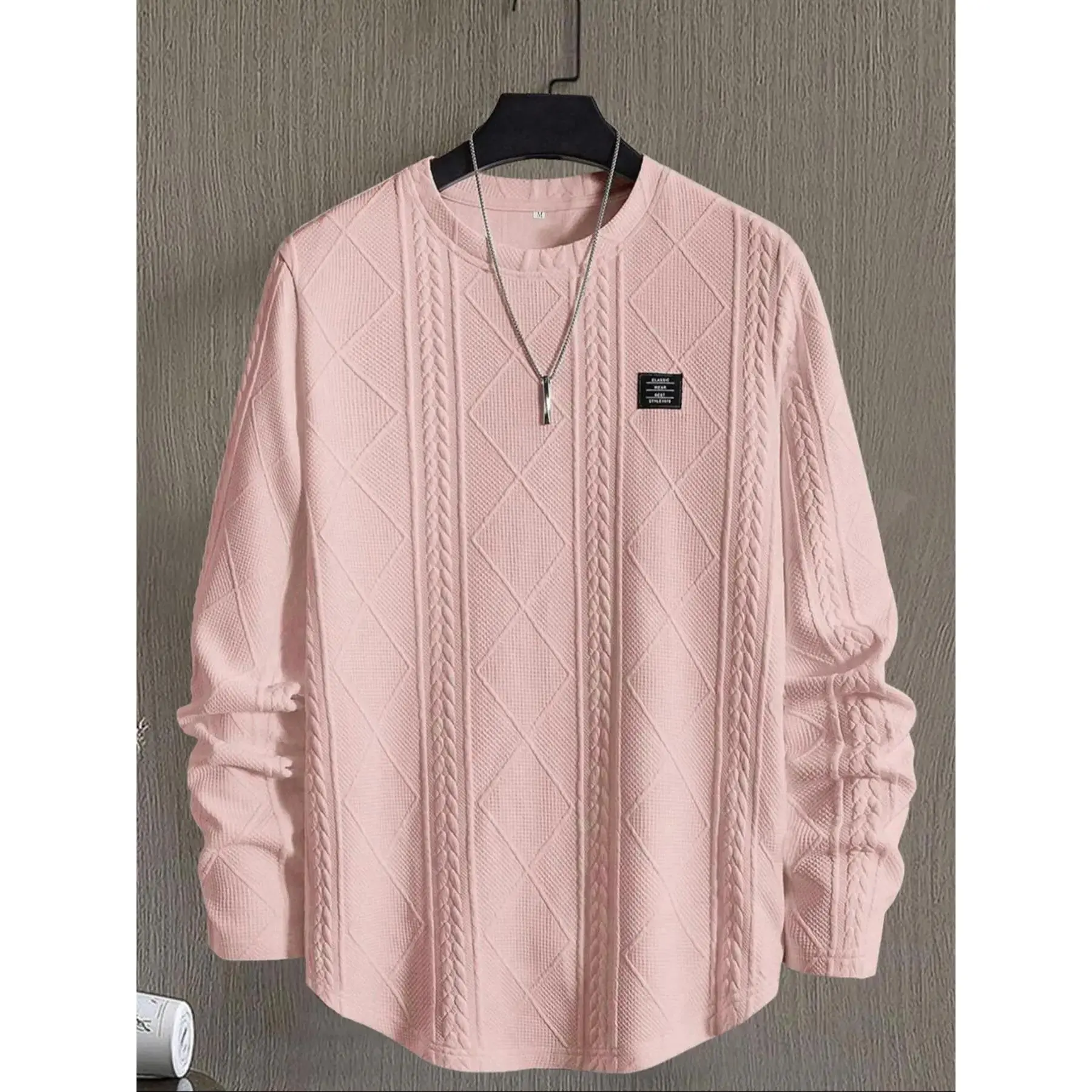 Men's Regular Fit Patchwork Details Textured Knit Tops, Casual Long Sleeve Round Neck T-shirt for All Seasons, Men's Top for Daily Wear, Knitwear, Fitted, Comfortable, Modern, Clean