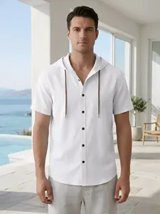 Men's Fashion Casual Beach Hooded Short Sleeve Open Front Shirt, Breathable Lightweight Linen Blend, Spring & Fall Outdoor Wear