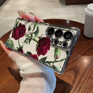 Designed for  S25 Ultra/S24/S23/S22 Plus phone case Electroplating luxury transparent four corner anti drop and shockproof phone case. Rose pattern phone case