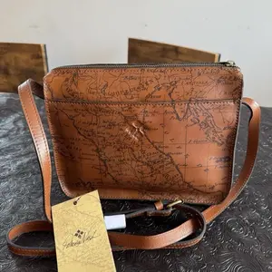 Patricia Nash Leather Sigma Print Vallata Crossbody Purse with Zipper Closure and Brown Handle, New Condition