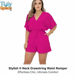 Women's Plain Drawstring Shirred Waist V Neck Romper, Casual Half Sleeve Zipper Back High Waist Romper for Summer, Fashion Lady Clothing for Daily Wear
