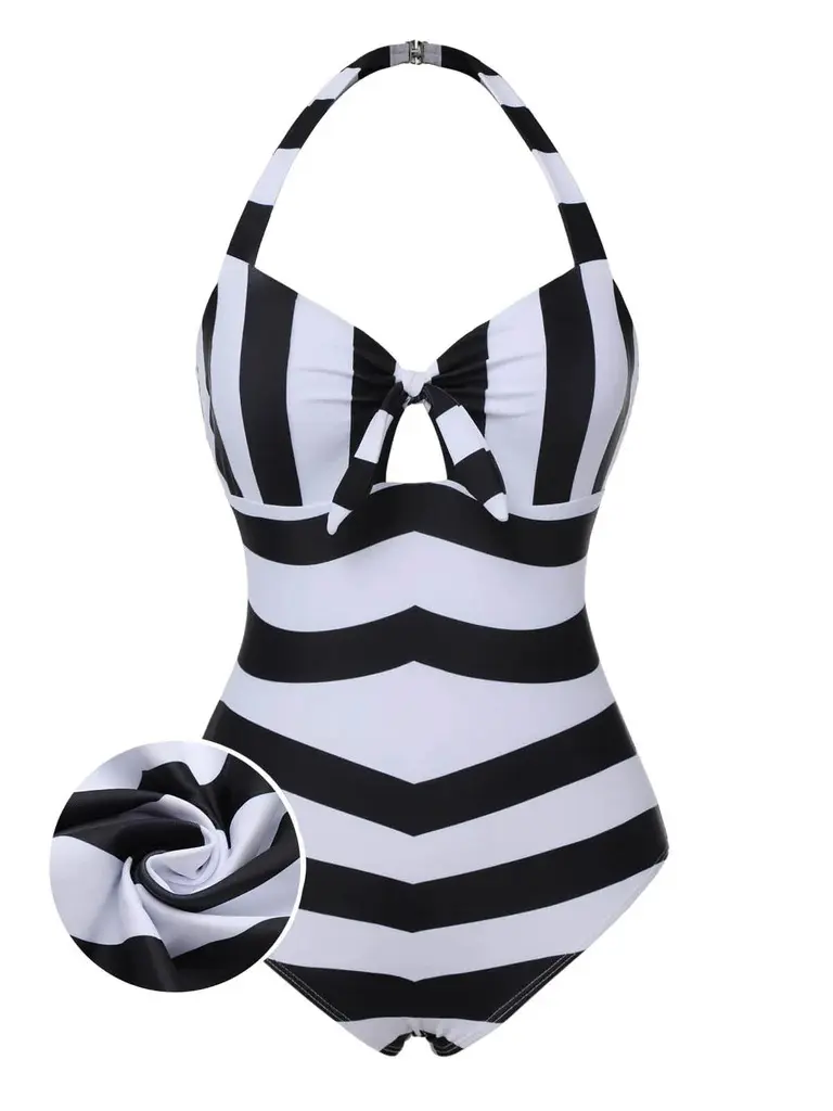 BLACK & WHITE 1950S STRIPES HALTER SWIMSUIT Bikinisuit, Retro Stripes, Swimsuitssummer outfits beach essentials vacation outfits BackToSchool