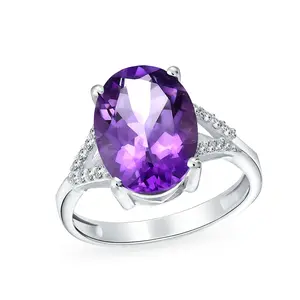 3.83CT Oval Purple Amethyst Ring Sterling Silver Zircon Double Open Split Shank Ring Solitaire Ring