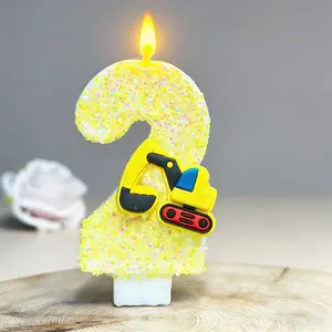 1pcs 3D Excavator Digital Birthday Candles - Handmade Sparkling Construction Vehicle Cake Toppers, Yellow and Blue Glitter Design, for Adult Celebrations, Graduation, Birthday, Housewarming, First Birthday, Anniversary, or Wedding Party Decorations