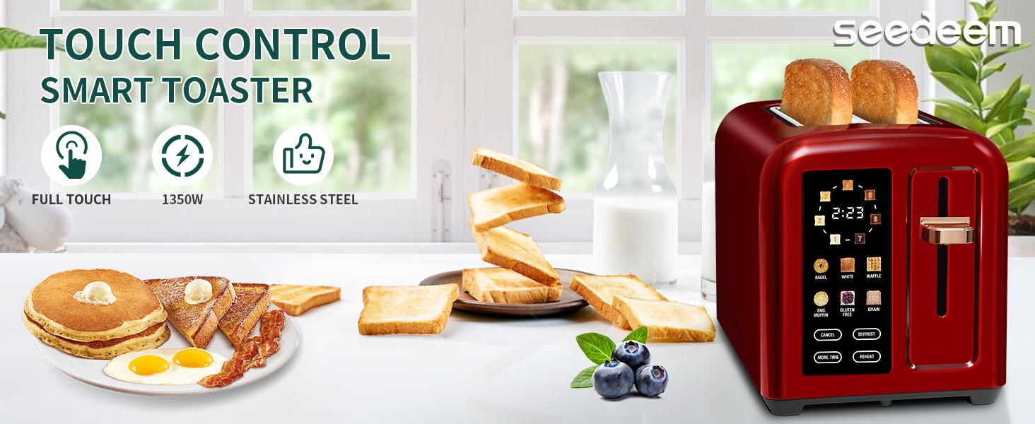 Toaster 2 Slice, Touch Control Stainless Toaster LCD Display, 50% Faster Heating Speed, 1.4'' Wide Slots, More Timer Functions, Removable Crumb Tray, 1350W, Dark Cherry